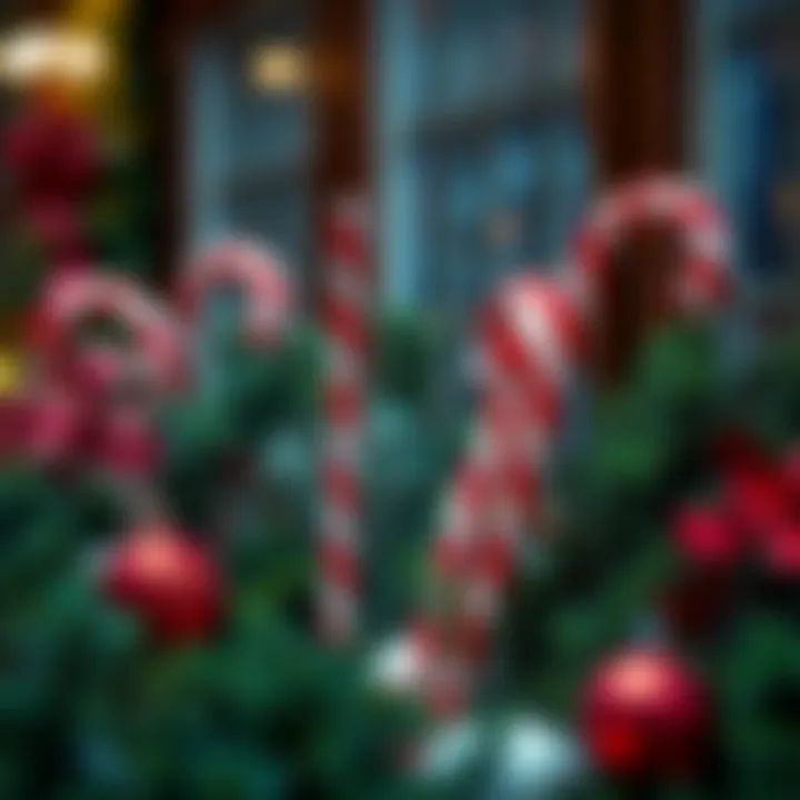 Decorative arrangement featuring oversized candy cane sticks with pine branches and holiday ornaments