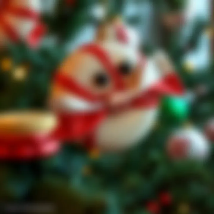 Close-up of oversized candy decorations made from glossy materials hanging on festive greenery