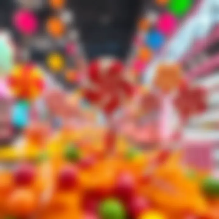 Creative oversized candy decor in retail display with bright colors