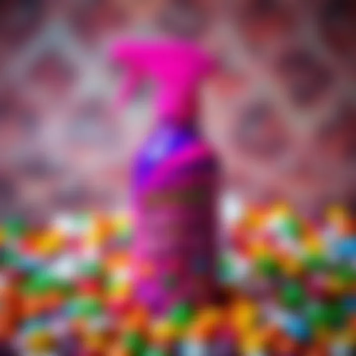 Colorful spray bottle of Seriously Big Candy Spray with a vibrant assortment of candy pieces around it