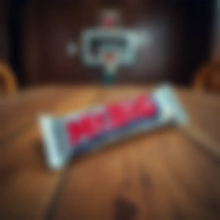 Close-up view of a Mr. Big candy bar with its distinctive packaging displayed on a wooden table