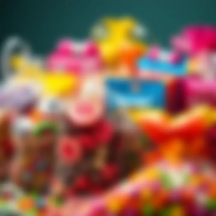 Colorful assortment of large candy bags with various sweet treats inside