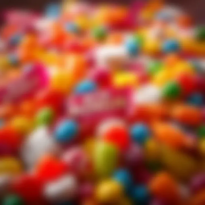 Colorful assortment of candy pieces with promotional tags indicating bonus offers