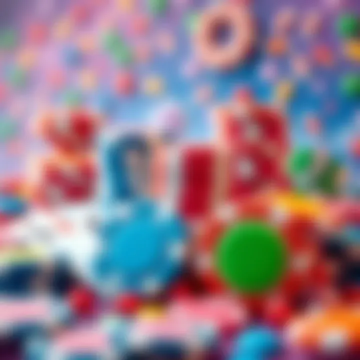 Colorful casino chips and cards on a vibrant candy-themed background