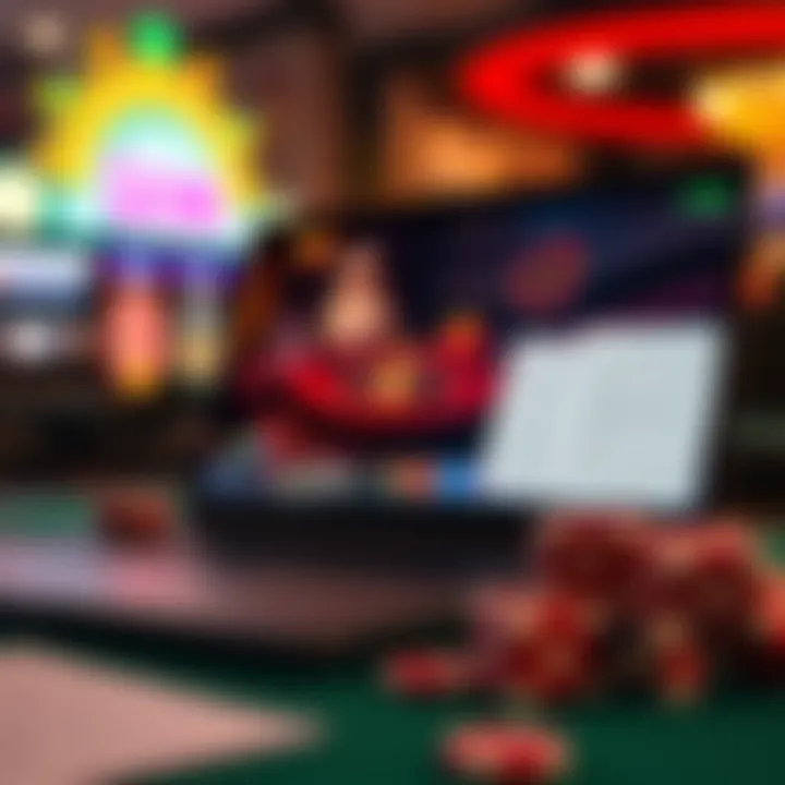 Graphic showing secure online gambling with a laptop displaying casino games and legal documents in the background