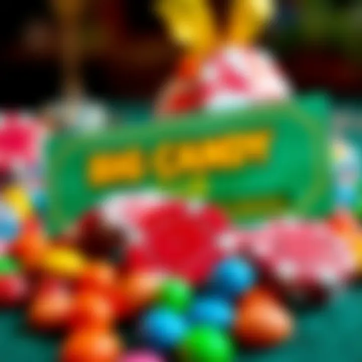 Colorful candy pieces surrounding casino chips and a bonus voucher
