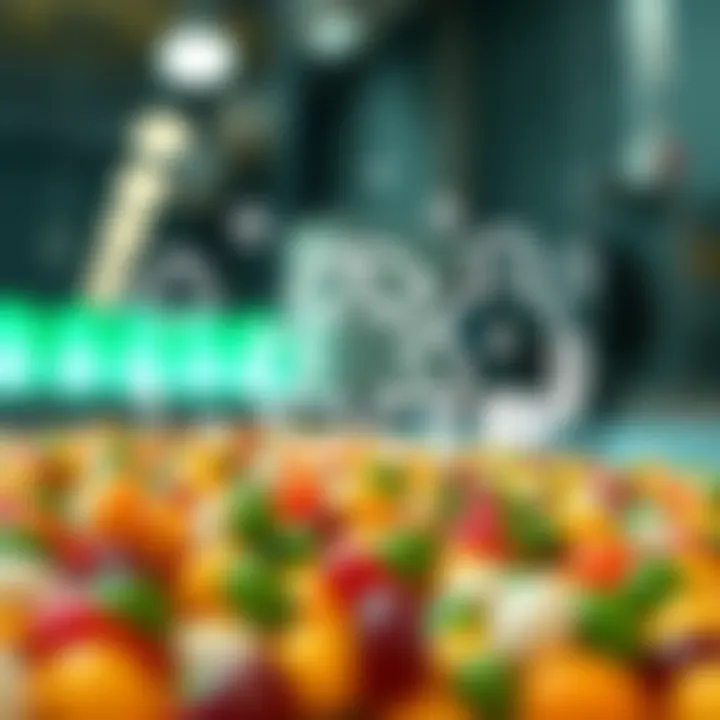 Illustration of sustainability symbols including recycling and environmental care integrated with candy manufacturing elements