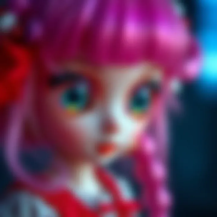 Close-up of a doll featuring large, glossy candy-colored eyes inspired by Japanese pop culture