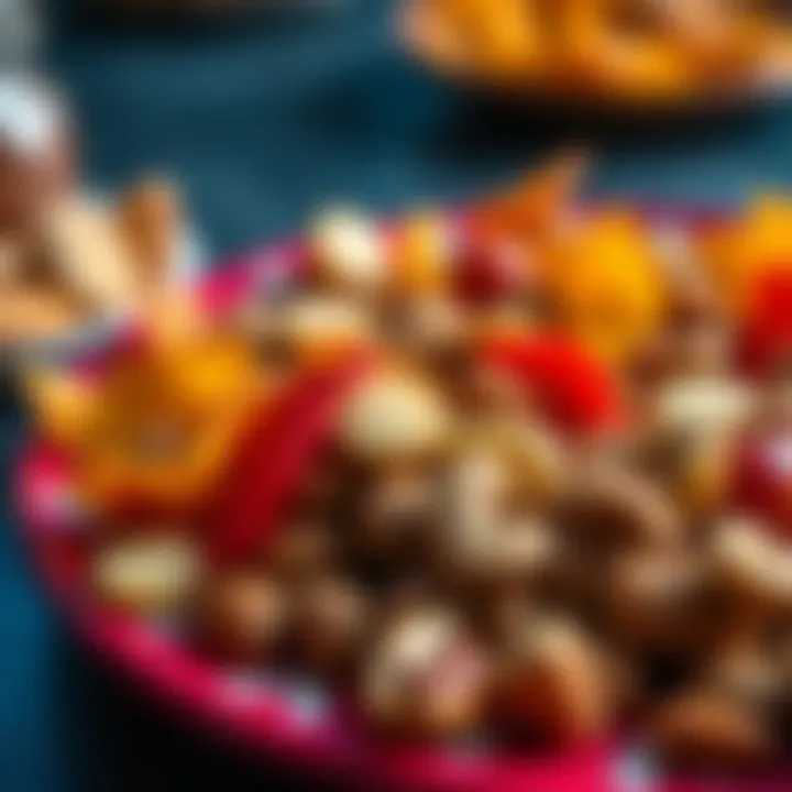 Healthy Snack Alternatives to Large Candy-Free Chips Assortment of healthy snack alternatives including veggie chips and nuts on a vibrant plate