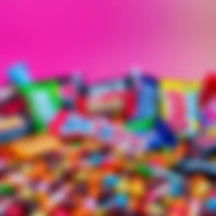 Assortment of colorful candy bars and sweets on a vibrant background representing major candy brands