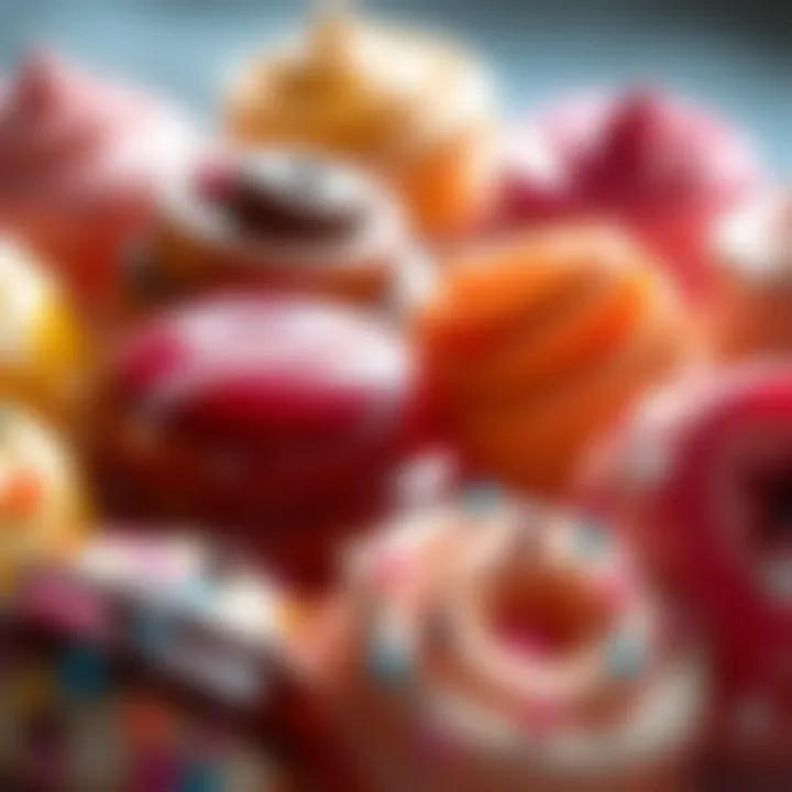 Close-up of sweet treats enhanced with glossy candy spray showcasing different colors and textures