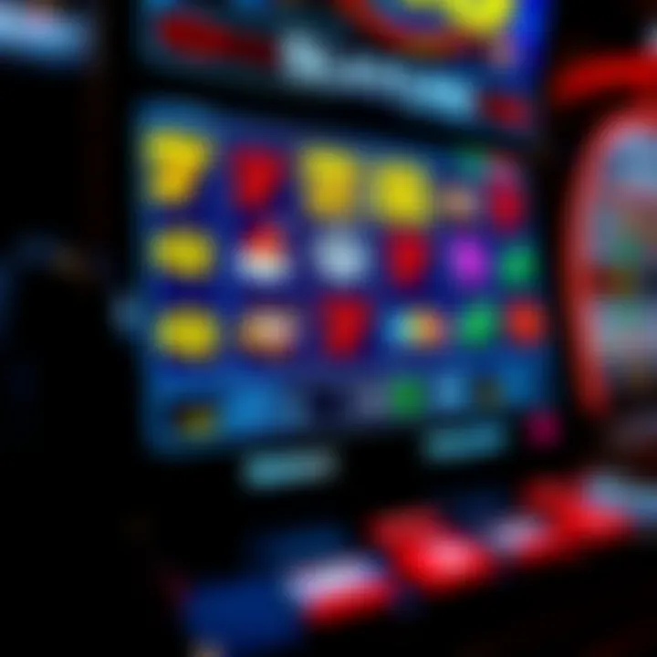 Colorful digital slot machine interface showing various themed symbols and paylines