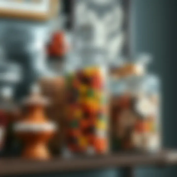 Various styles of big candy jars including ceramic and glass displayed on a decorative shelf