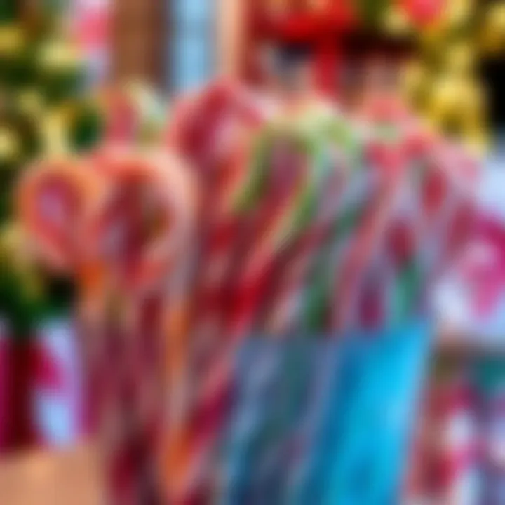 Assortment of colorful flavored large candy canes displayed in a decorative holiday container