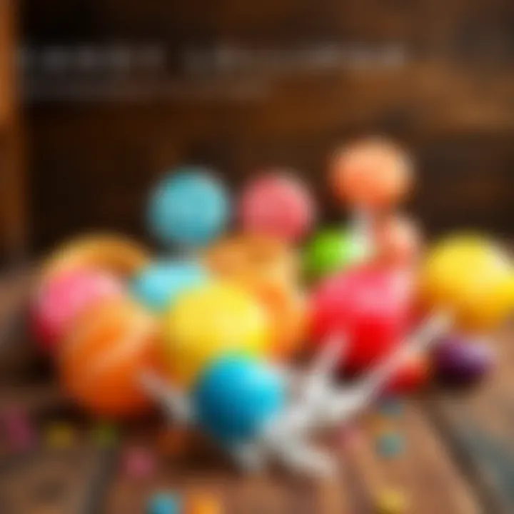 Variety of large candy lollipops in multiple flavors and shapes arranged on a rustic wooden table showcasing their bright colors and glossy surfaces