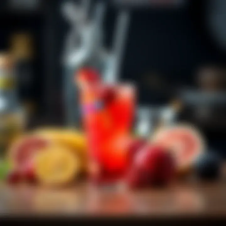 Cocktail glass decorated with Vimto Seriously Big Candy Spray and fresh fruits