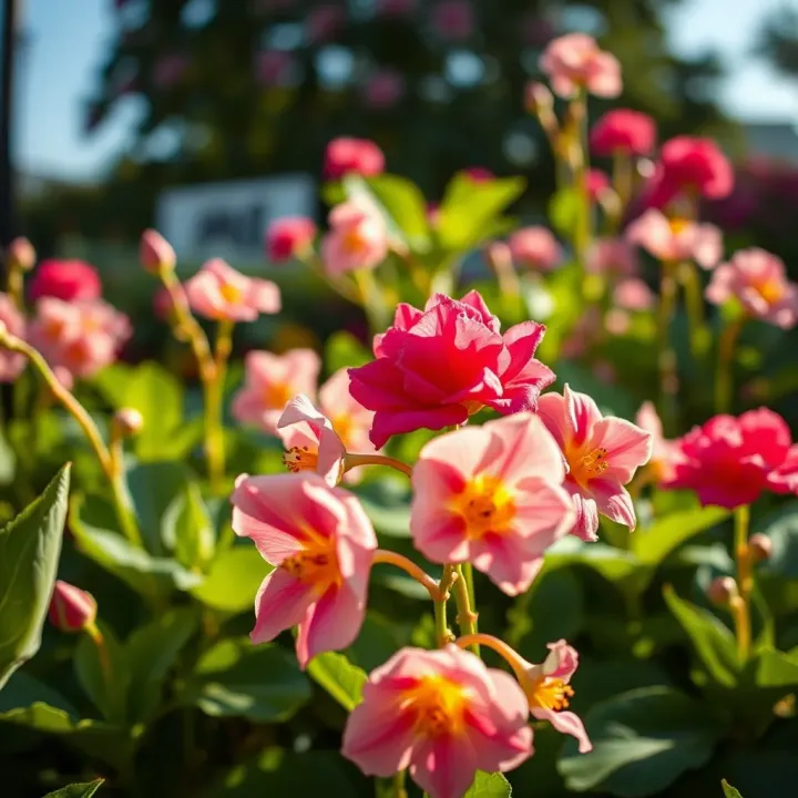 Vibrant candy blossom flowers blooming in a sunny garden bed full of rich green leaves