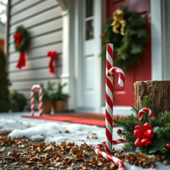 Close-up view of a sturdy candy cane stake secured into the ground beside a porch with evergreen garlands