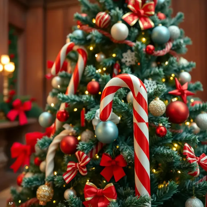 Christmas tree decorated with oversized candy canes and festive ornaments