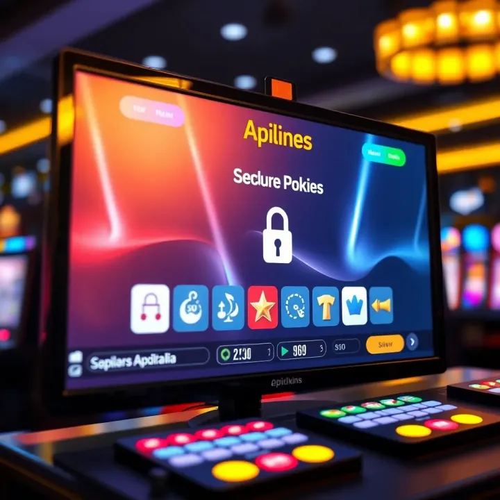 Illustration of a computer screen showing a secure online pokies platform with icons indicating safety and legal compliance