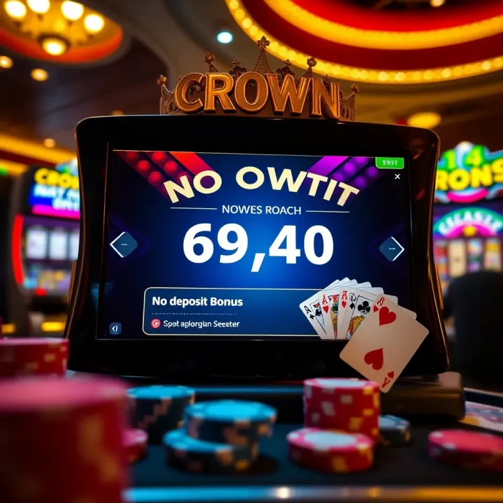 Digital interface displaying Crown Pokies no deposit bonus offer with casino chips and cards