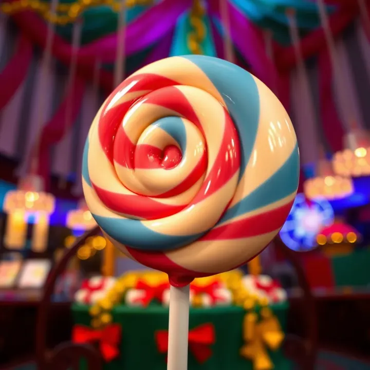 Close-up view of a giant lollipop with swirling patterns set against a festive background