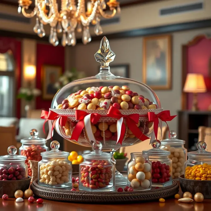 Creative display of a large candy bowl decorated with ribbons and surrounded by small candy jars
