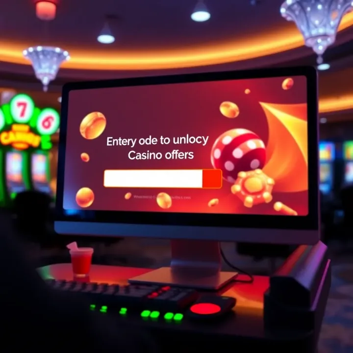 Computer screen displaying promo code entry field with casino background