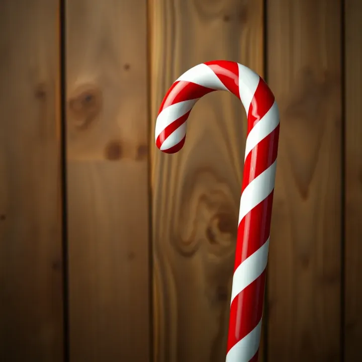 Large festive candy cane with red and white stripes standing against a wooden background