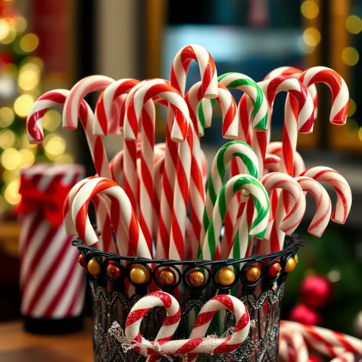 Collection of various big candy canes in different colors and patterns displayed in a decorative container