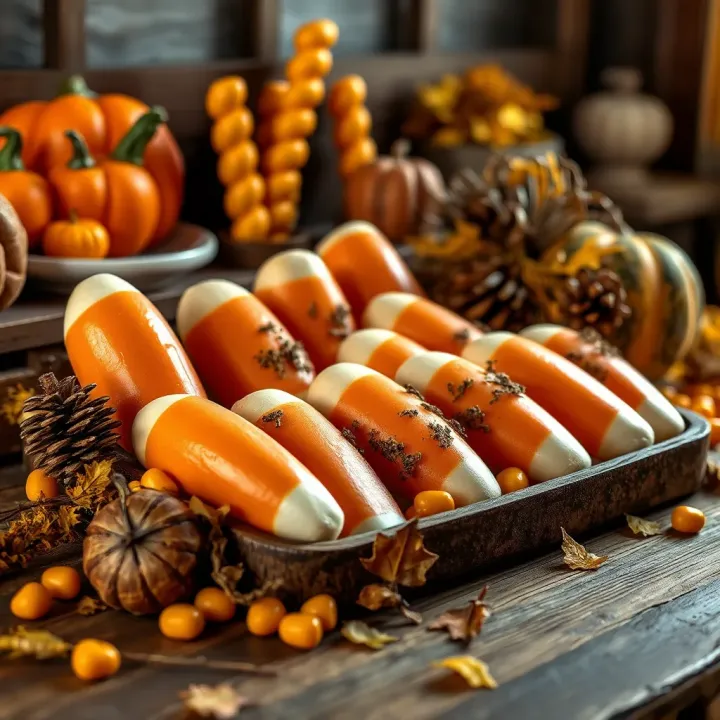Creative arrangement of big candy corn with autumn decorations on a rustic wooden surface