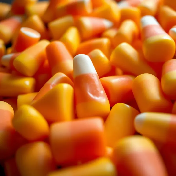 Close-up of large candy corn pieces showcasing vibrant orange, yellow, and white colors