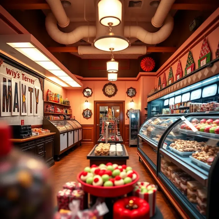 Cozy interior of a large candy shop with bright lighting, decorated walls, and rows of sweet treats for various tastes