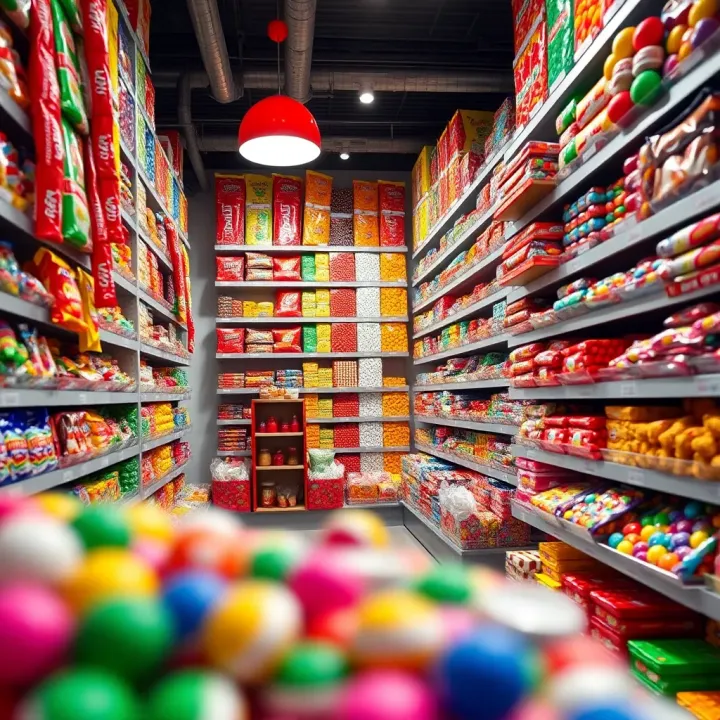 Colorful shelves packed with diverse candies and sweets inside a large vibrant candy store