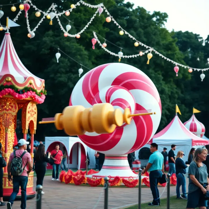 Outdoor festival scene featuring a giant spinning candy as a centerpiece surrounded by decorations and attendees