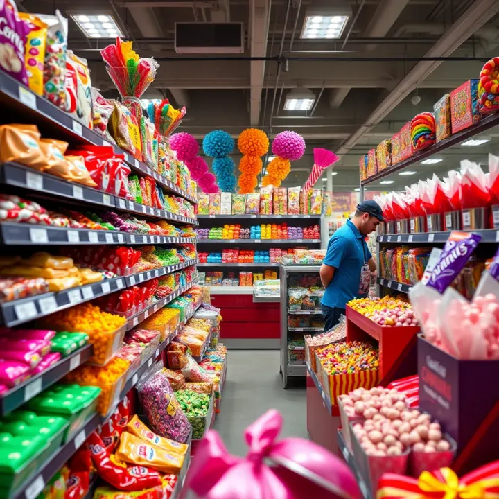 Colorful assortment of candies displayed on shelves in a large candy store