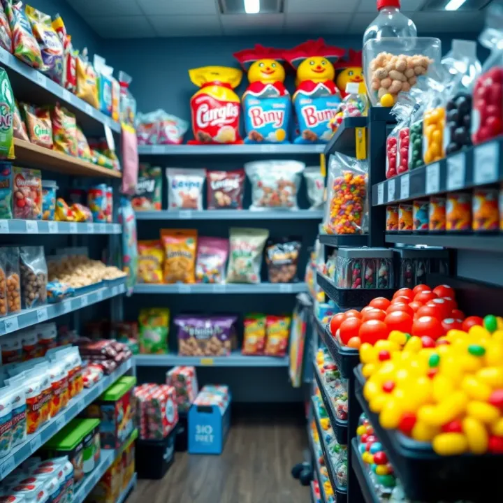 Shelves filled with various types of sweets including gummies, chocolates, and nostalgic treats in a local candy shop