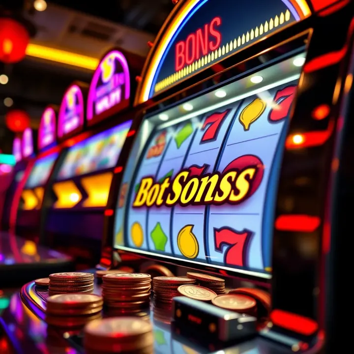Illustration of a casino slot machine with coins and a glowing bonus symbol
