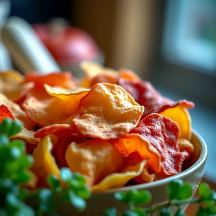Close-up of a bowl filled with natural, healthy candy-free chips made from vegetables and grains