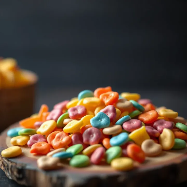 Variety of colorful candy-free chips in different shapes and flavors displayed on a wooden board