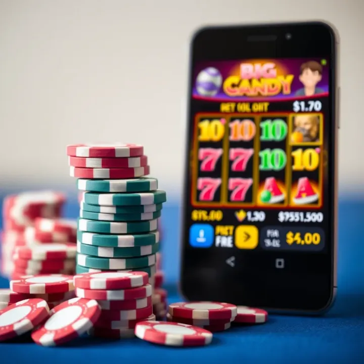 Virtual casino chips stacked beside a mobile device displaying slot game graphics