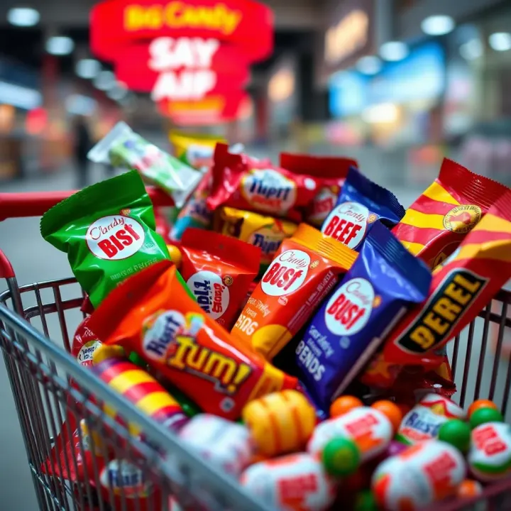 Colorful assortment of candy packages with discount tags in a shopping cart