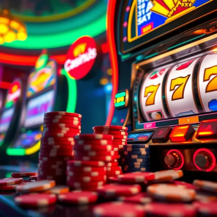 Colorful casino chips stacked next to a glowing slot machine with a winning combination on the display