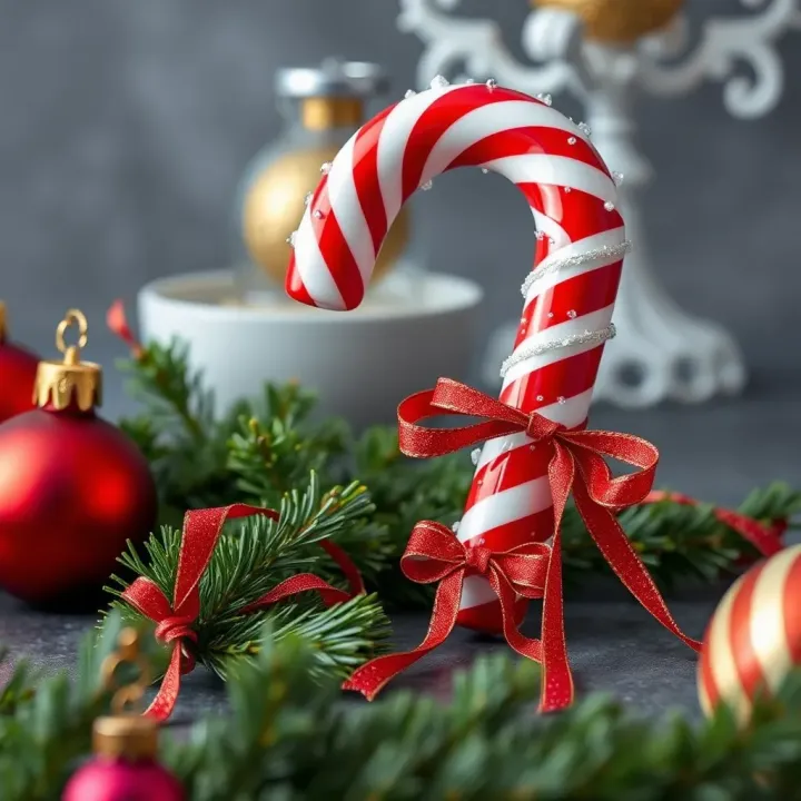 Decorated big candy cane with glitter and ribbon placed beside evergreen branches and holiday ornaments