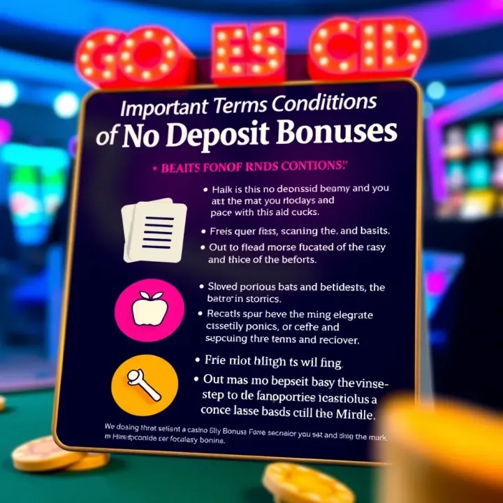 Visual representation of key terms and conditions for no deposit bonuses with icons representing benefits and limitations