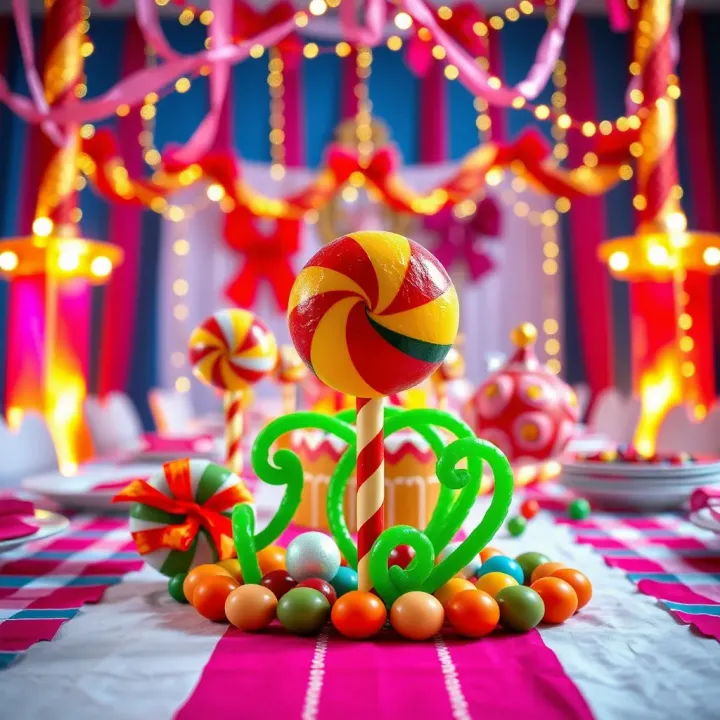 Bright large candy decorations displayed on a party table with vibrant ribbons and festive background