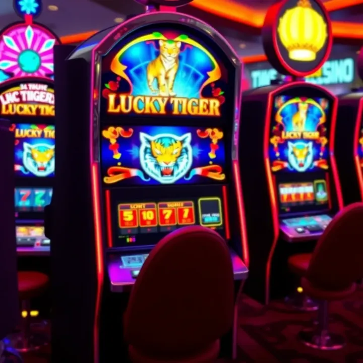 Casino slot machine with vibrant lights and Lucky Tiger logo on screen