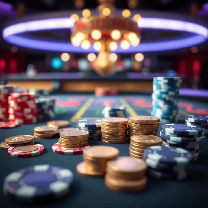 Concept of managing bankroll with coins and casino chips on a table