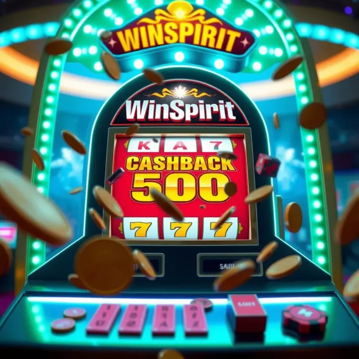 Bright slot machine with cashback rewards displayed and coins falling