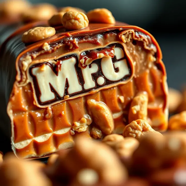 Close-up of a Mr. Big candy bar showing its layers of caramel, peanuts, and chocolate coating